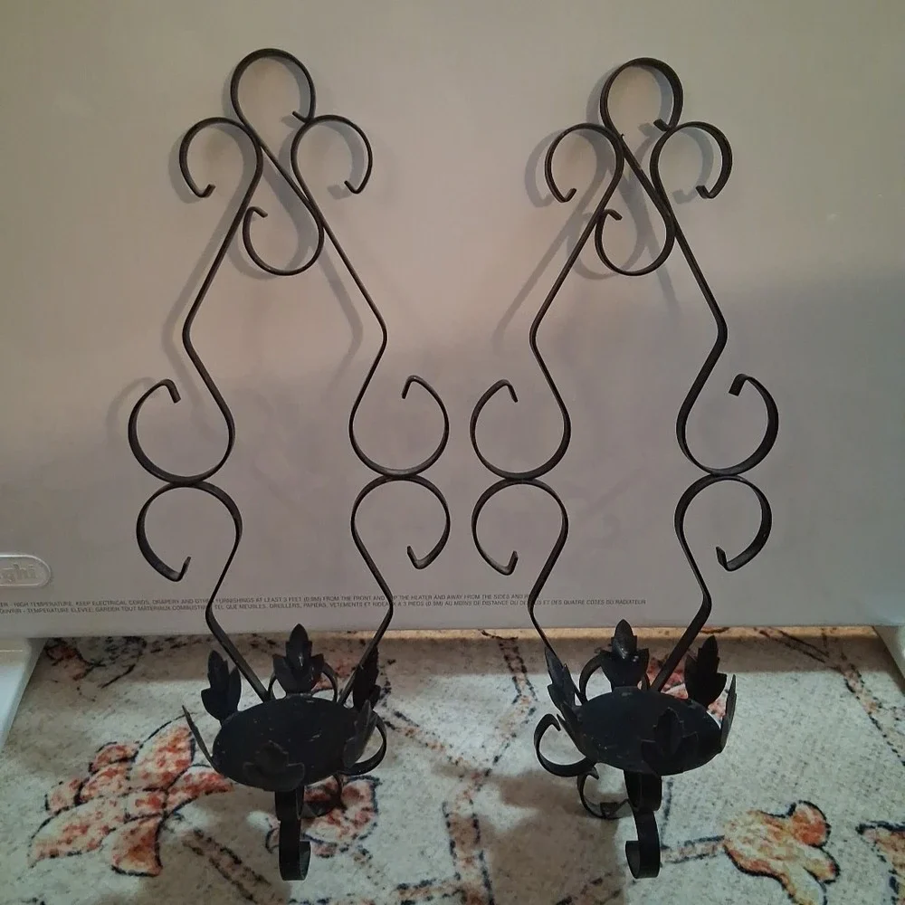 Vtg Gothic Wrought Iron Scroll Spanish Revival Wall Sconce Candleholders x2 READ